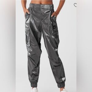 ALO Metallic Gunmetal Silver Cargo Break Line Joggers